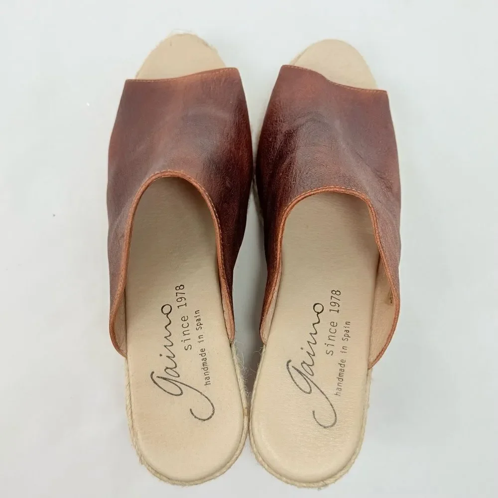 Gaimo Anthropologie GOSSA Brown Leather Open Toe Wedge Heel Espadrille Sandals